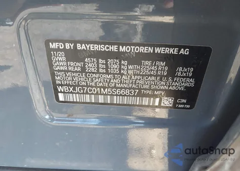 2021 BMW X1 Sdrive28I из США, поврежденный, VIN WBXJG7C01M5S66837